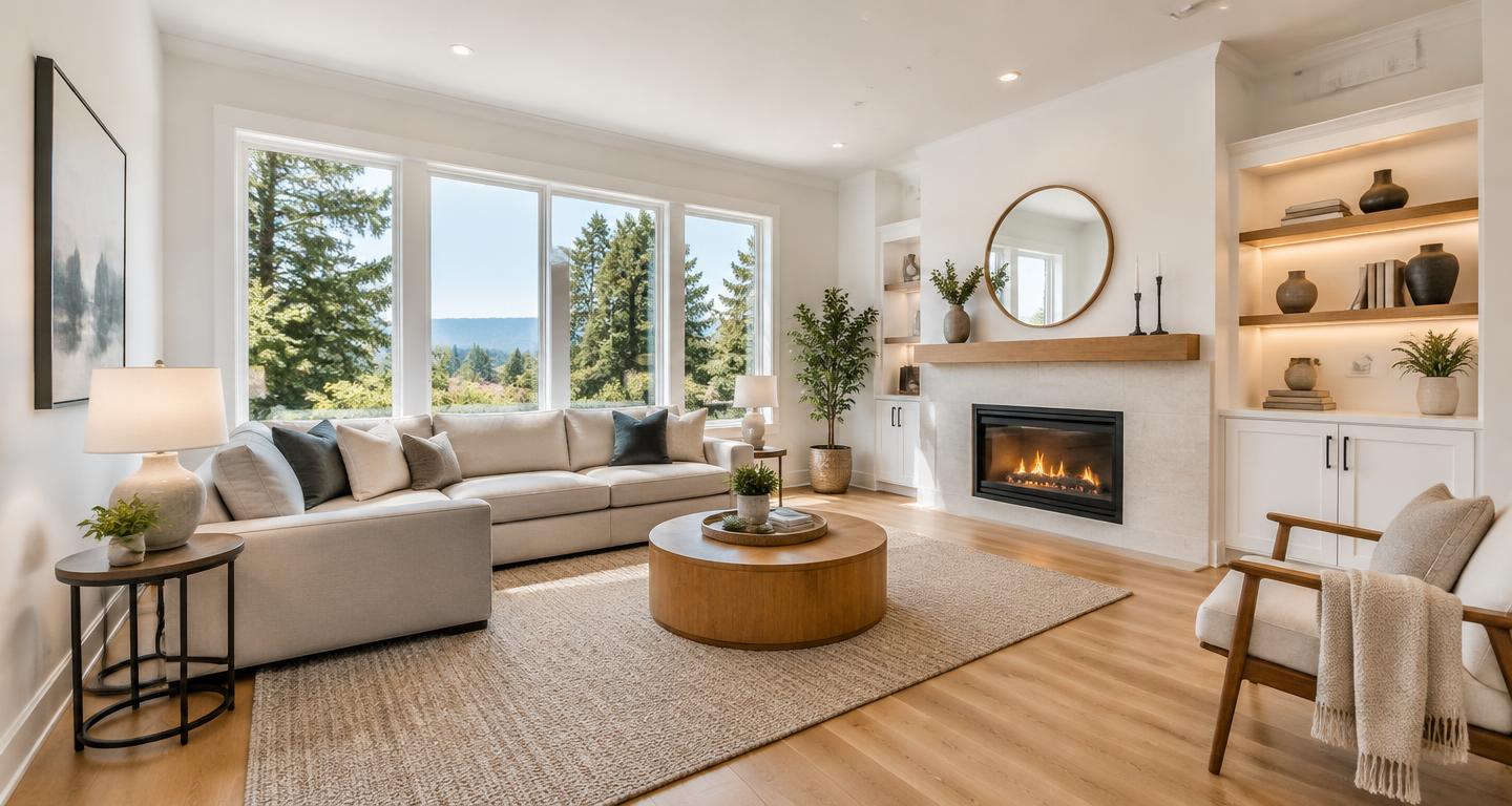 Bright modern living room with smooth finished drywall and fresh paint